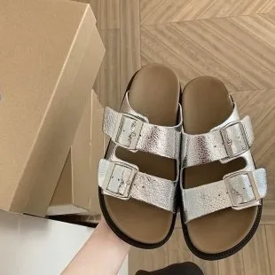 Casual Women's Summer Wear Birkenstock Shoes Belt Buckle Half Slippers Silver - Shop at LoveMi