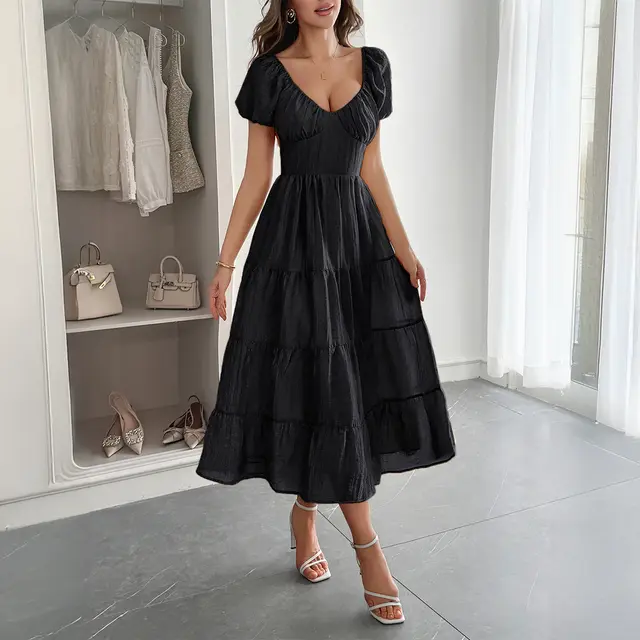 Casual Vacation Style Puff Sleeve Maxi Dress Black - Shop at LoveMi