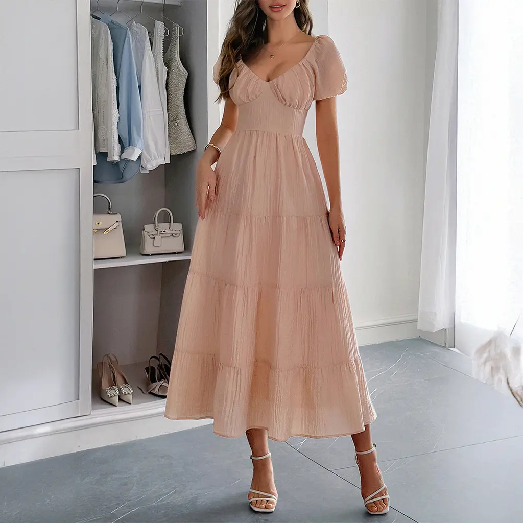 Casual Vacation Style Puff Sleeve Maxi Dress - Pink