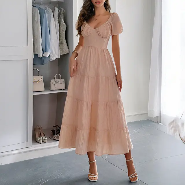 Casual Vacation Style Puff Sleeve Maxi Dress Pink - Shop at LoveMi