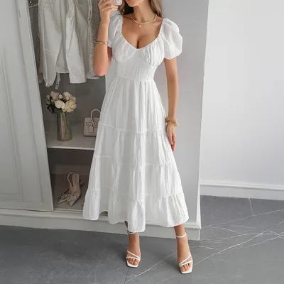 Casual Vacation Style Puff Sleeve Maxi Dress White - Shop at LoveMi