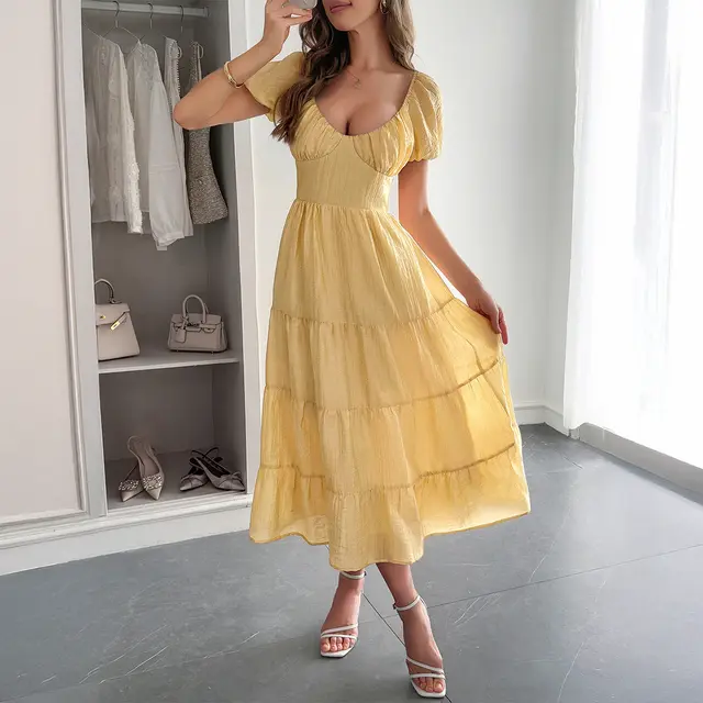 Casual Vacation Style Puff Sleeve Maxi Dress Yellow - Shop at LoveMi