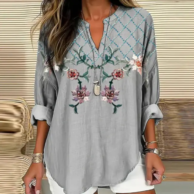 Women's Floral V neck Linen Blend Loose Blouse Light Grey - Shop at LoveMi