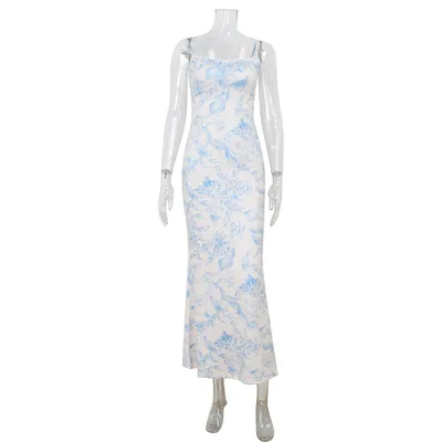 Vintage Printed Slim Fit Slimming Spaghetti Straps Dress Printing - Shop at LoveMi