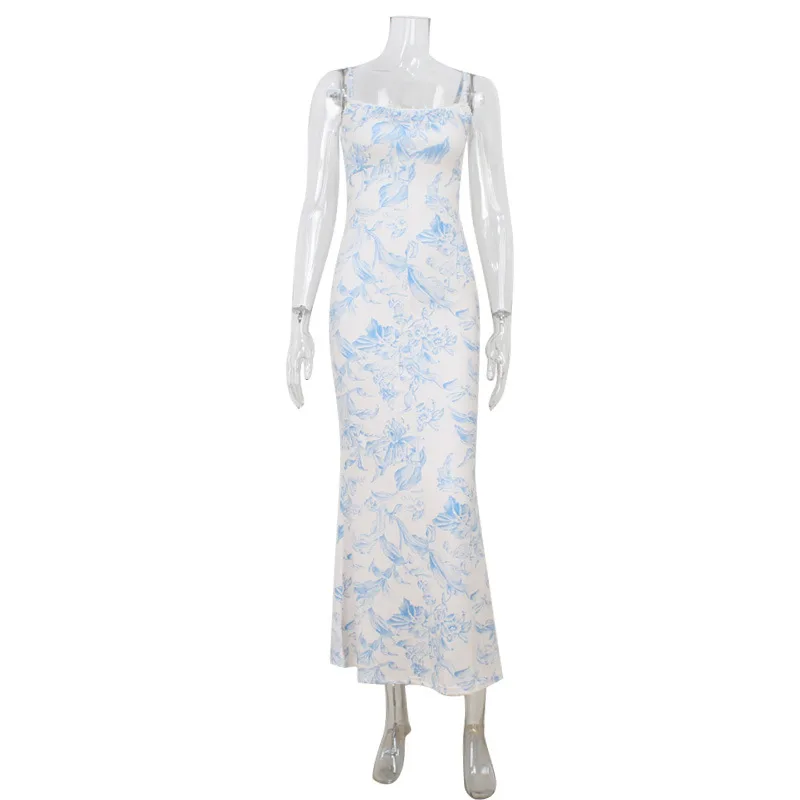 Vintage Printed Slim Fit Slimming Spaghetti Straps Dress - Printing