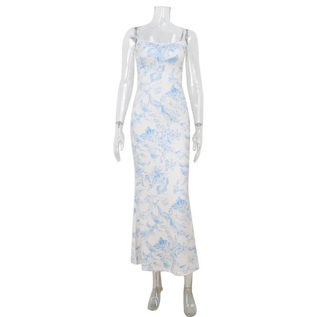 Vintage Printed Slim Fit Slimming Spaghetti Straps Dress Printing - Shop at LoveMi