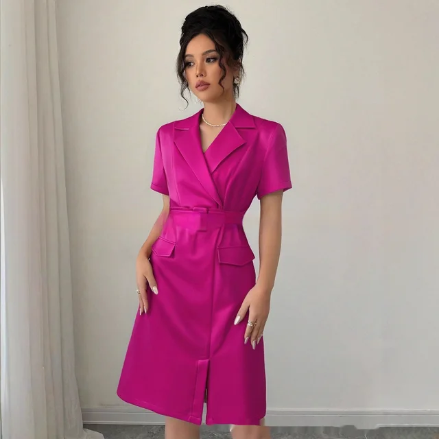 Summer Solid Color Elegant Short Sleeve Shirt Dress Rose Red - Shop at LoveMi