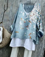 Sakura Art Linen Blend Cozy Flowy Long-sleeve Top - Blue