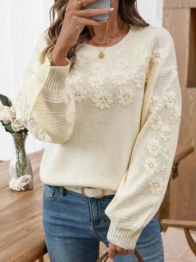 Machine Embroidery Three dimensional Small Chrysanthemum Pullover Round Neck Loose Knitted Sweater Beige - Shop at LoveMi