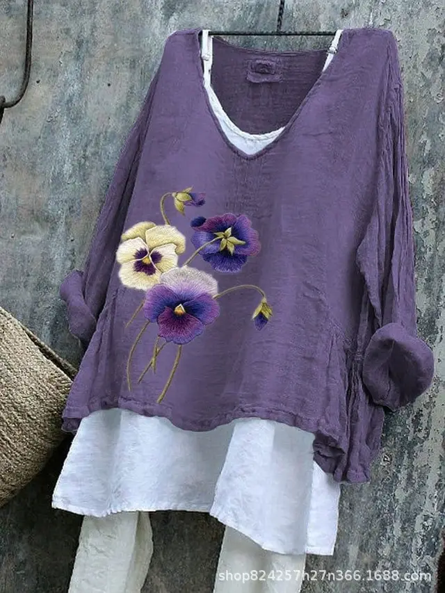 Women's White Flower Pattern Print Cotton And Linen Shirt 24Style - Shop at LoveMi