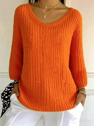 Women's Orange Plain Long Sleeve Sweater - Orange