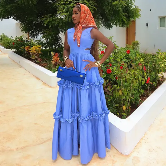 Summer New Sweet V neck Hollow High Waist Slimming A Line Dress Blue - Shop at LoveMi