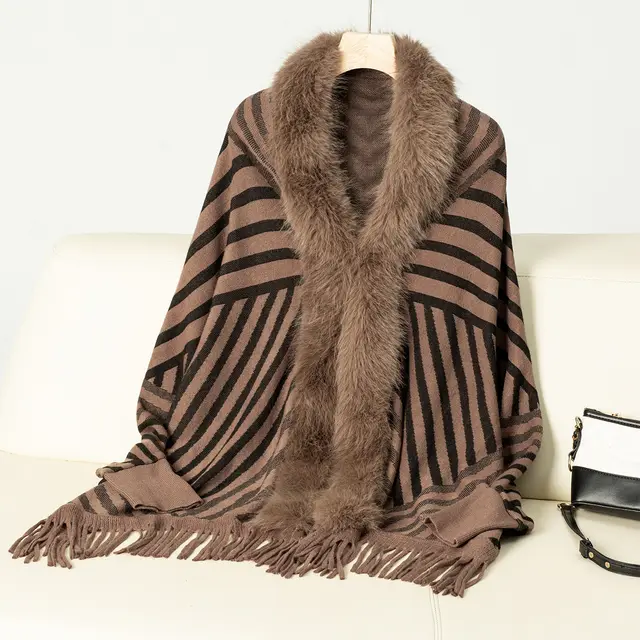 European And American Fall Winter Fashion Striped Tassel Knitted Shawl Cape Coffee - Shop at LoveMi