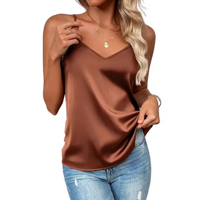 New Women's Silk Adjustable Spaghetti Strap Tank Top Loose Chocolate - Shop at LoveMi
