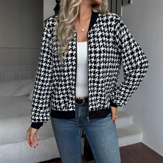 Zipper Houndstooth Jacket Loose Slim fit Casual Shirt Black - Shop at LoveMi