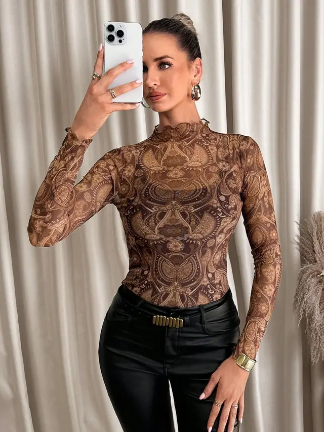 Women Sexy Leopard Mesh Fungus T shirt Brown - Shop at LoveMi