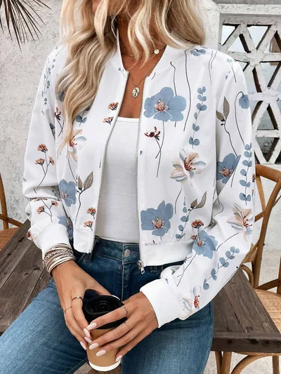 Elegant Women's Zip Floral Print Long Sleeve Jacket White - Shop at LoveMi