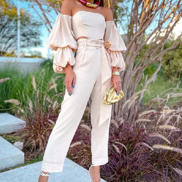 Solid Color Cotton And Linen Off shoulder Top Casual Pants Suit Apricot - Shop at LoveMi