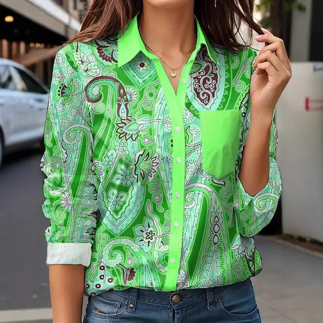 Vintage Floral Pattern Long Sleeve Women's Shirt Green - Shop at LoveMi