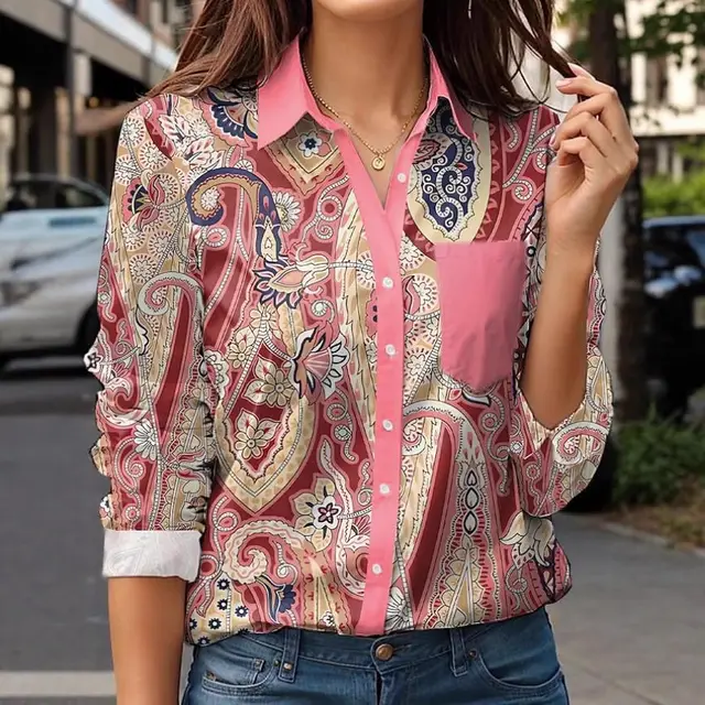 Vintage Floral Pattern Long Sleeve Women's Shirt Rose Red - Shop at LoveMi