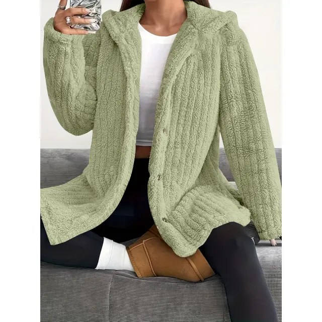 Women's Solid Color Long Sleeve Hooded Loose Plush Coat Green - Shop at LoveMi