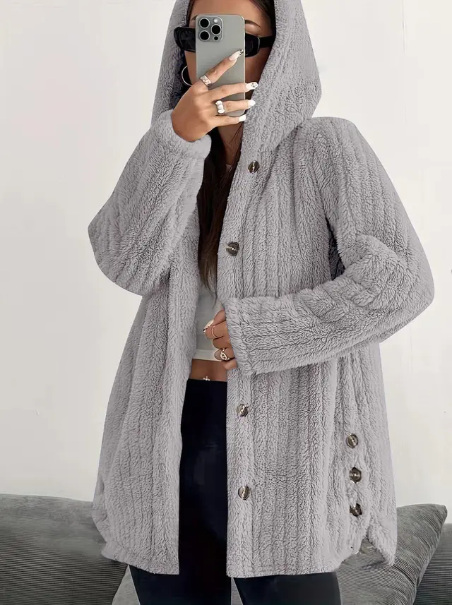 Women's Solid Color Long Sleeve Hooded Loose Plush Coat Light Gray - Shop at LoveMi