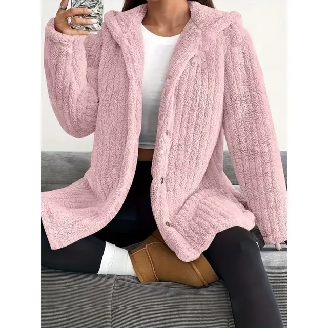 Women's Solid Color Long Sleeve Hooded Loose Plush Coat Pink - Shop at LoveMi