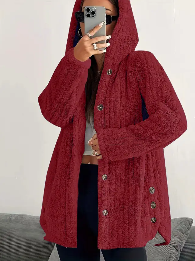 Women's Solid Color Long Sleeve Hooded Loose Plush Coat Red - Shop at LoveMi