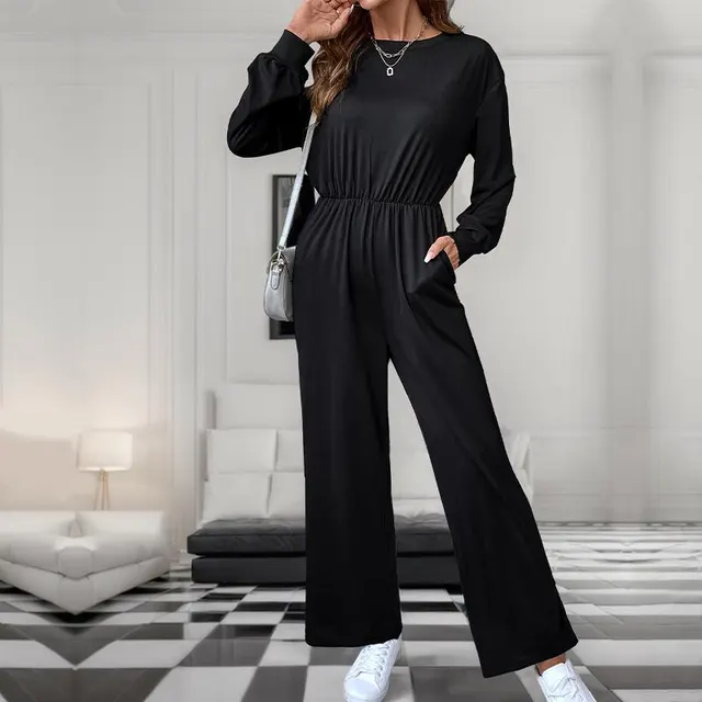 Casual Long Sleeve Solid Color Autumn Jumpsuit Women Black - Shop at LoveMi