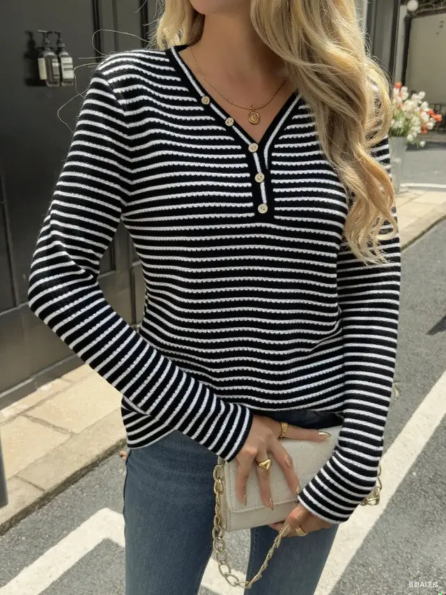 Pineapple Plaid Striped V neck Long sleeved T shirt Women's Top Black - Shop at LoveMi