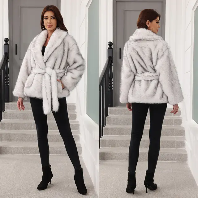 Fur Mid length Coat With Belt Fashionable White - Shop at LoveMi