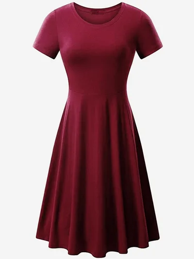 Casual Women's Short Sleeve Round Neck Slim Fit Dress Wine Red - Shop at LoveMi