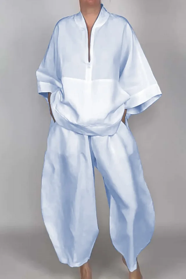 Loose Casual Pocket Half Zipper Top Bud shaped Pants Suit Light Purple - Shop at LoveMi