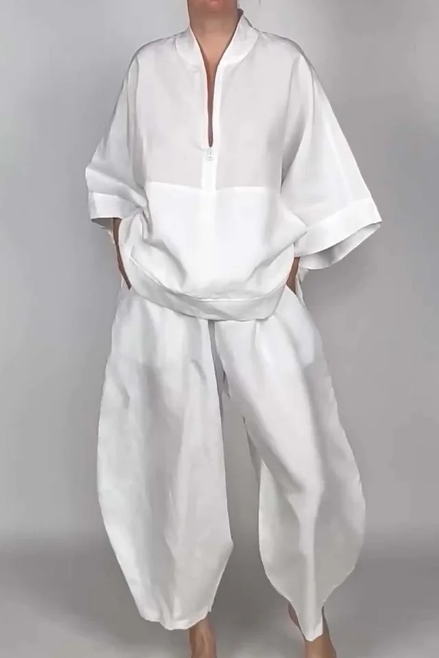 Loose Casual Pocket Half Zipper Top Bud shaped Pants Suit White - Shop at LoveMi