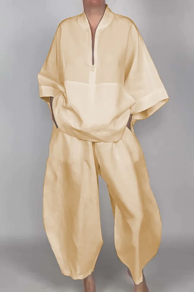 Loose Casual Pocket Half Zipper Top Bud shaped Pants Suit Yellow - Shop at LoveMi