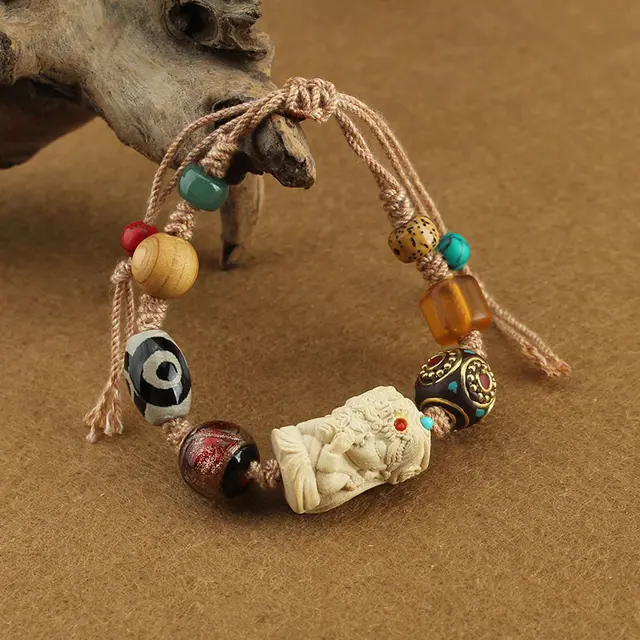 Natural Agate Tibet Beads Colored Beaded Bracelet Boxwood Style - Shop at LoveMi