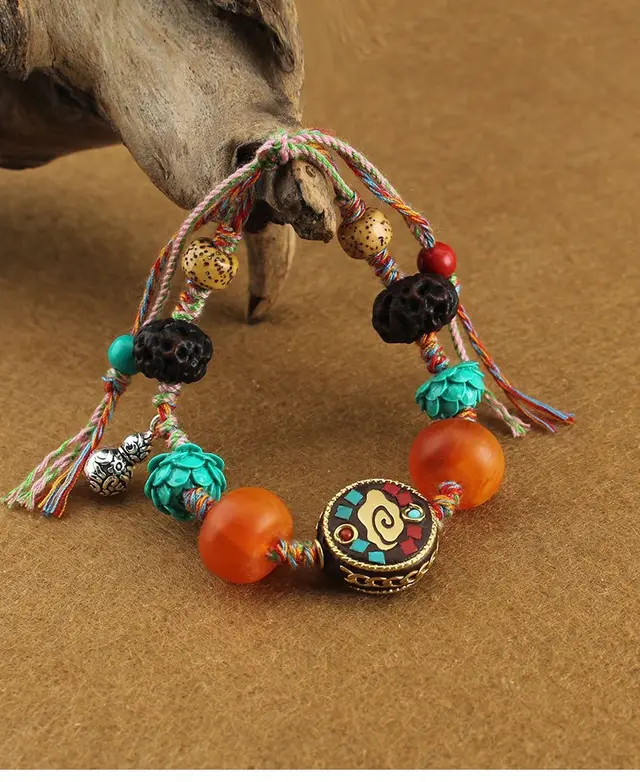 Natural Agate Tibet Beads Colored Beaded Bracelet Turquoise Lotus - Shop at LoveMi