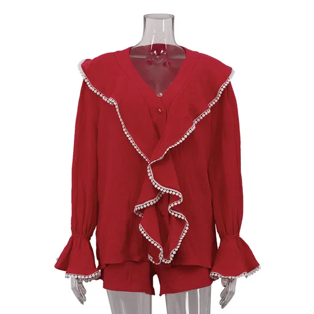 Lace V neck Flared Sleeves Top And Shorts Two piece Set Red - Shop at LoveMi