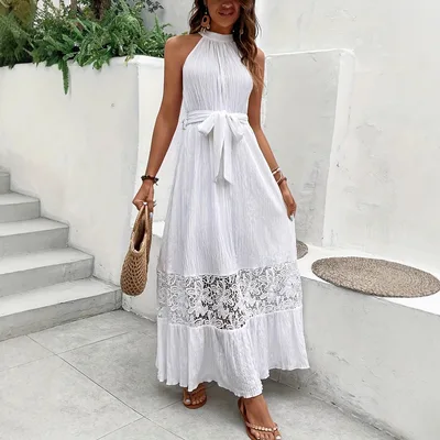 Stitching Lace Halter Fashion Seaside Holiday Dress White - Shop at LoveMi