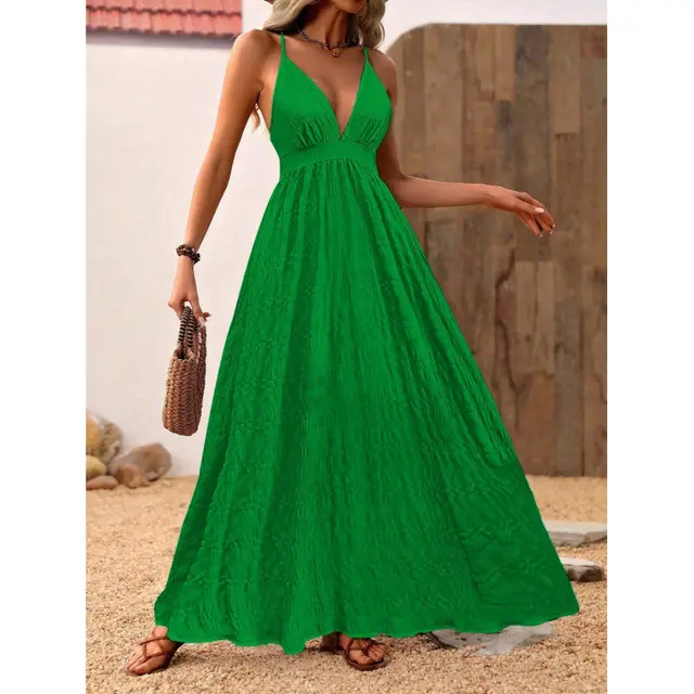 Vacation Style Solid Color Deep V neck Spaghetti Strap Dress Green - Shop at LoveMi