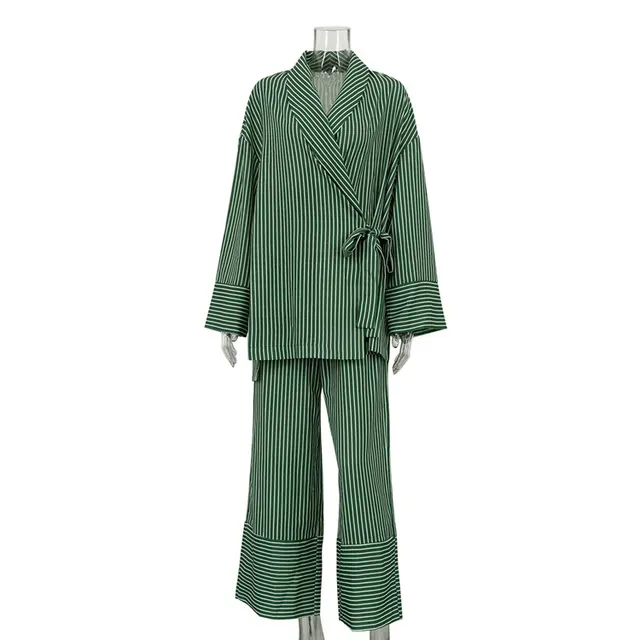Casual Striped Cross Design Lace up Long Sleeve Top Wide Leg Pants Two piece Set Green - Shop at LoveMi