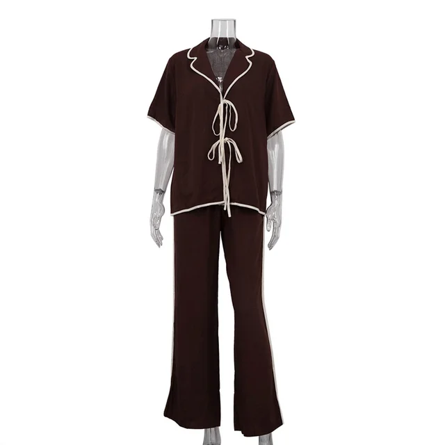 Casual Contrast Color Lapel Tied Cardigan Top Wide Leg Pants Two piece Set Brown - Shop at LoveMi