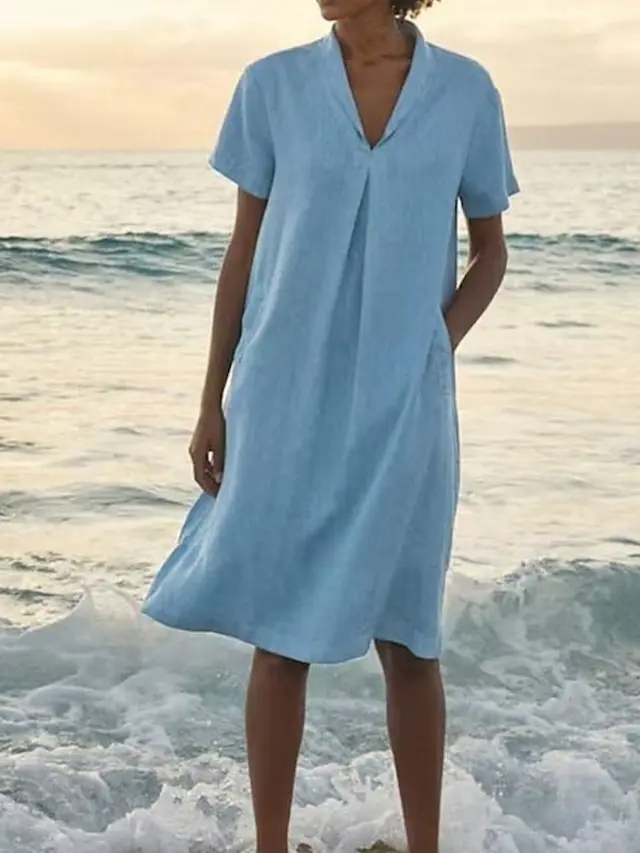Women's Casual Loose Fashion Retro Cotton Linen Short Sleeve V neck Pocket Dress Sky Blue - Shop at LoveMi