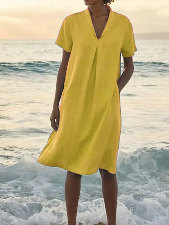 Women's Casual Loose Fashion Retro Cotton Linen Short Sleeve V neck Pocket Dress Yellow - Shop at LoveMi
