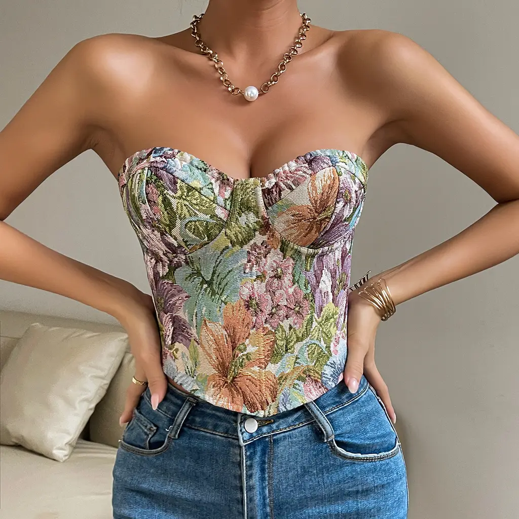 Retro Flower Niche Sling French Court Waist Girdling Band Adjustable Tube Top - Color - View 1