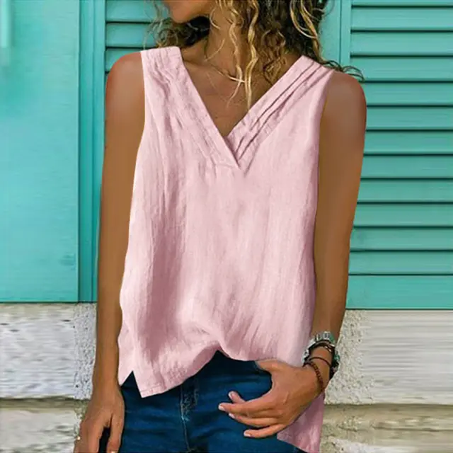 Split Sleeveless Cotton And Linen Multi layer Collar T shirt Pink - Shop at LoveMi