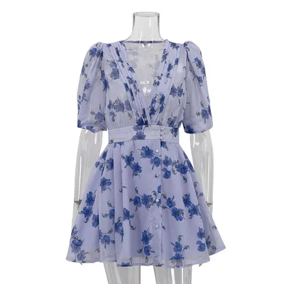 Fashion Printed V neck Puff Sleeve Pleated Mini Dress Blue - Shop at LoveMi