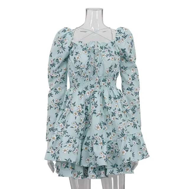 Printed Lace up Square Collar Long Sleeve Elastic Waist Tulle Tutu Dress Blue - Shop at LoveMi