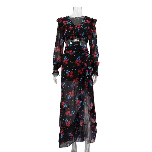 Printed Long Sleeve Short Top Design Ruffled Slit Sheath Skirt Two piece Set Black - Shop at LoveMi