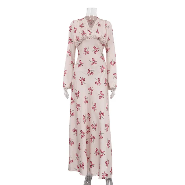 Elegant Printed Satin V neck Long Sleeve Lace up Dress Apricot - Shop at LoveMi